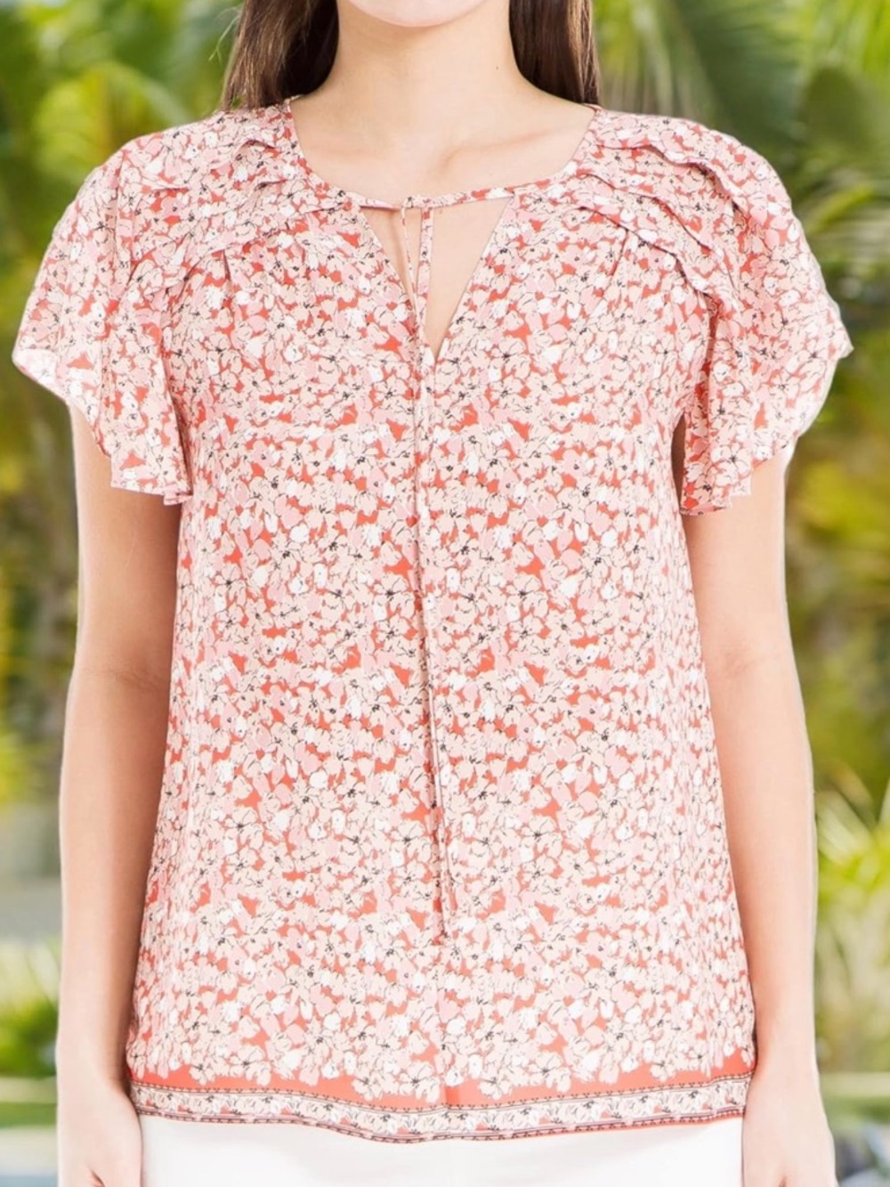 Max Studio Women’s Coral Floral Tie-Front Flutter Sleeve Top
